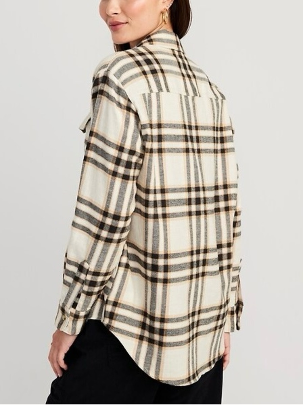 Old Navy Double Brushed Flannel Boyfriend Shirt Cream Black Plaid NWT Medium